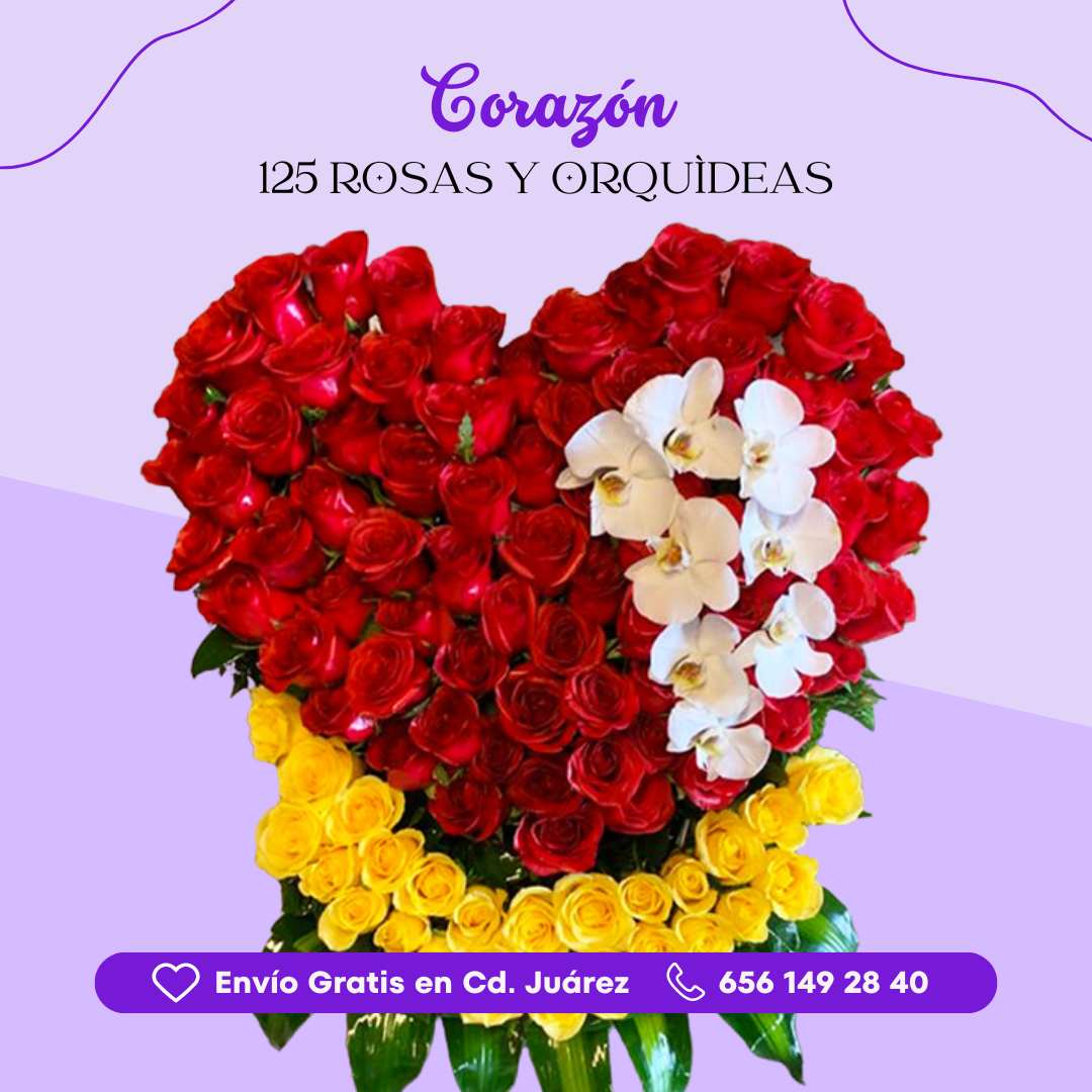 Corazón con 125 Rosas y Orquídeas