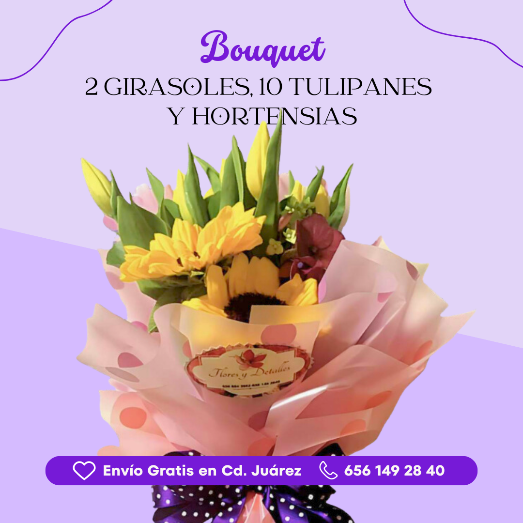 Bouquet 2 Girasoles, 10 tulipanes y Hortensias