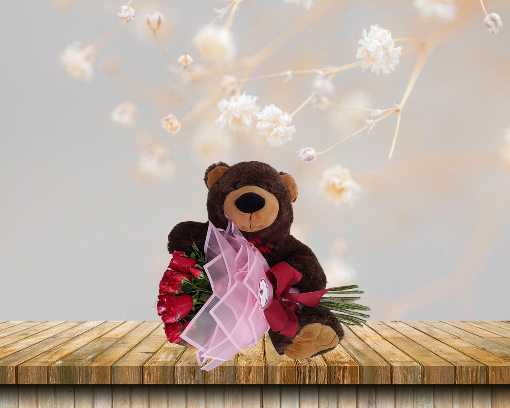 Bouquet con 25 rosas + oso de peluche