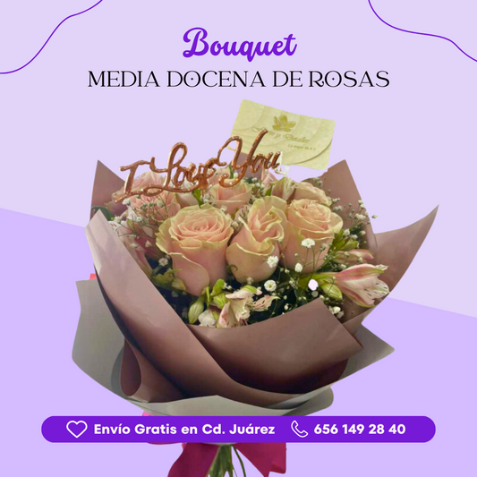 Bouquet Media Docena de Rosas con Gipso y Banner