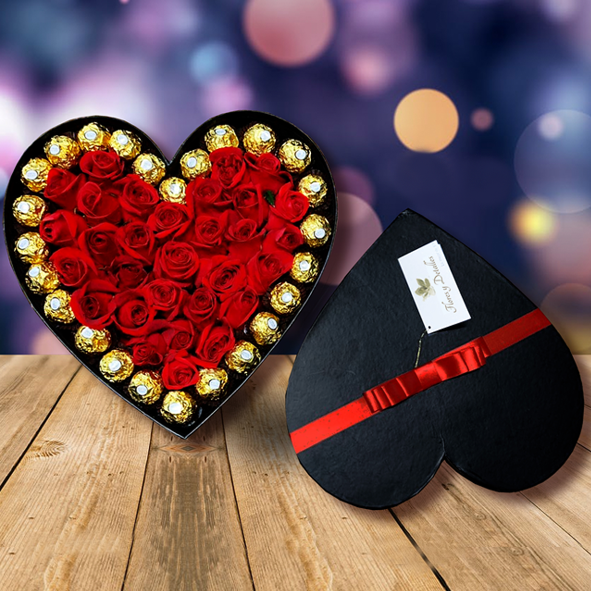 Caja en forma de corazón con 30 rosas y 25 chocolates Ferrero Rocher