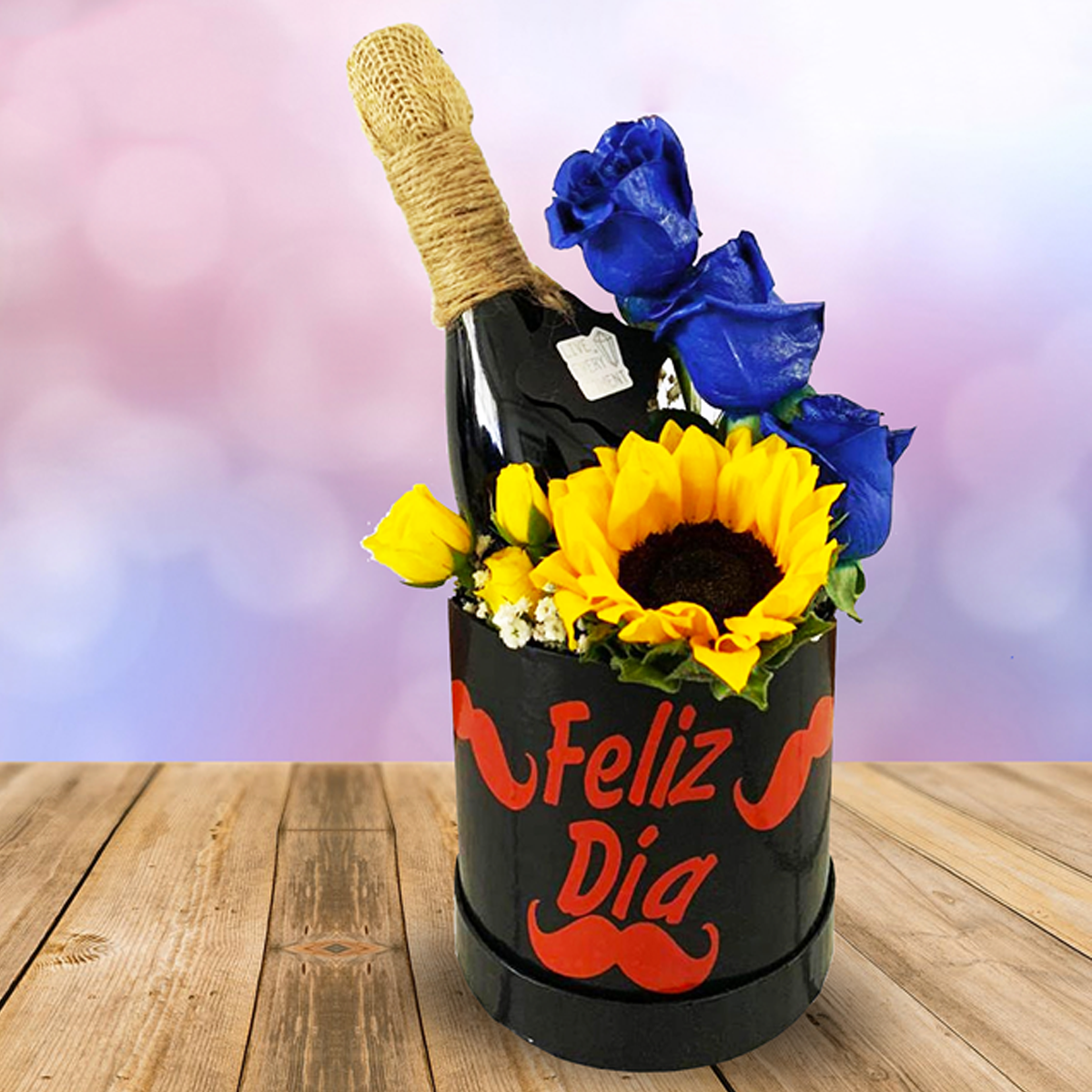 Cilindro con tres rosas, botella, girasol