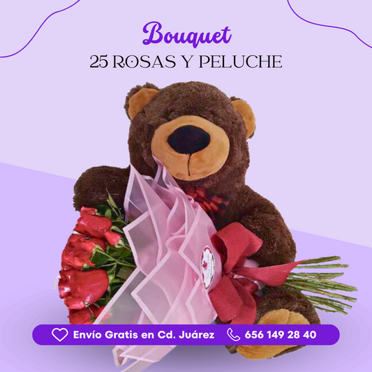 Bouquet 25 rosas + Oso de Peluche