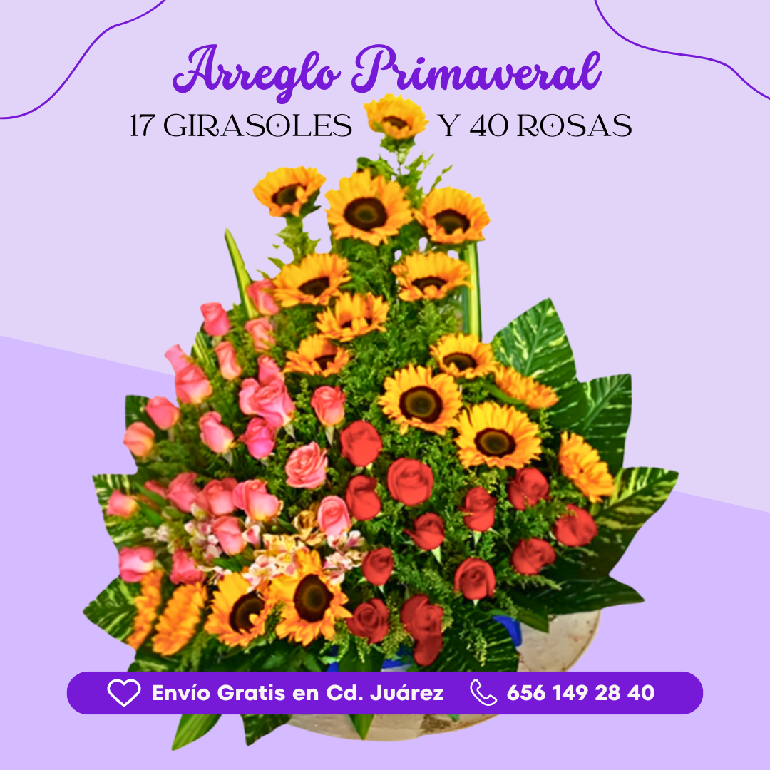 Arreglo Primaveral - 17 Girasoles y 40 Rosas