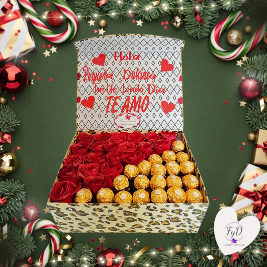 Caja sorpresa "Dulcinea" con 21 rosas y 21 chocolates