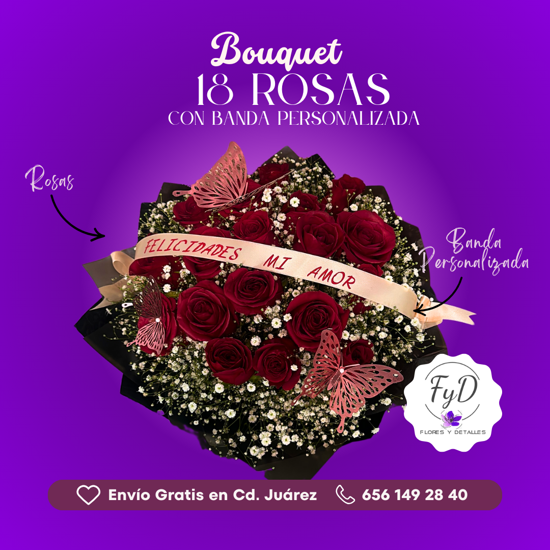 Bouquet 18 Rosas con Banda Personalizada