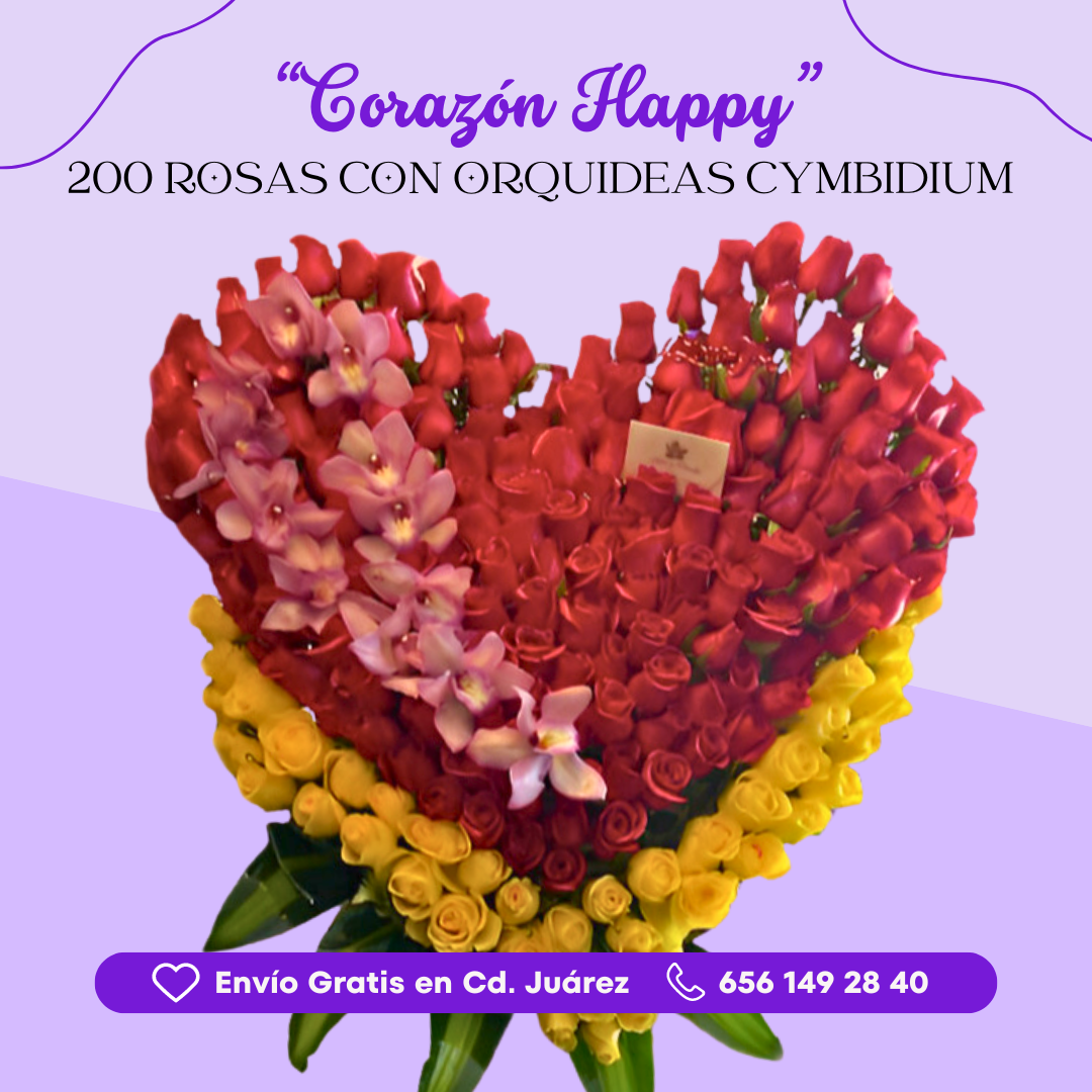 Corazón Happy - 200 Rosas con Orquídeas Cymbidium