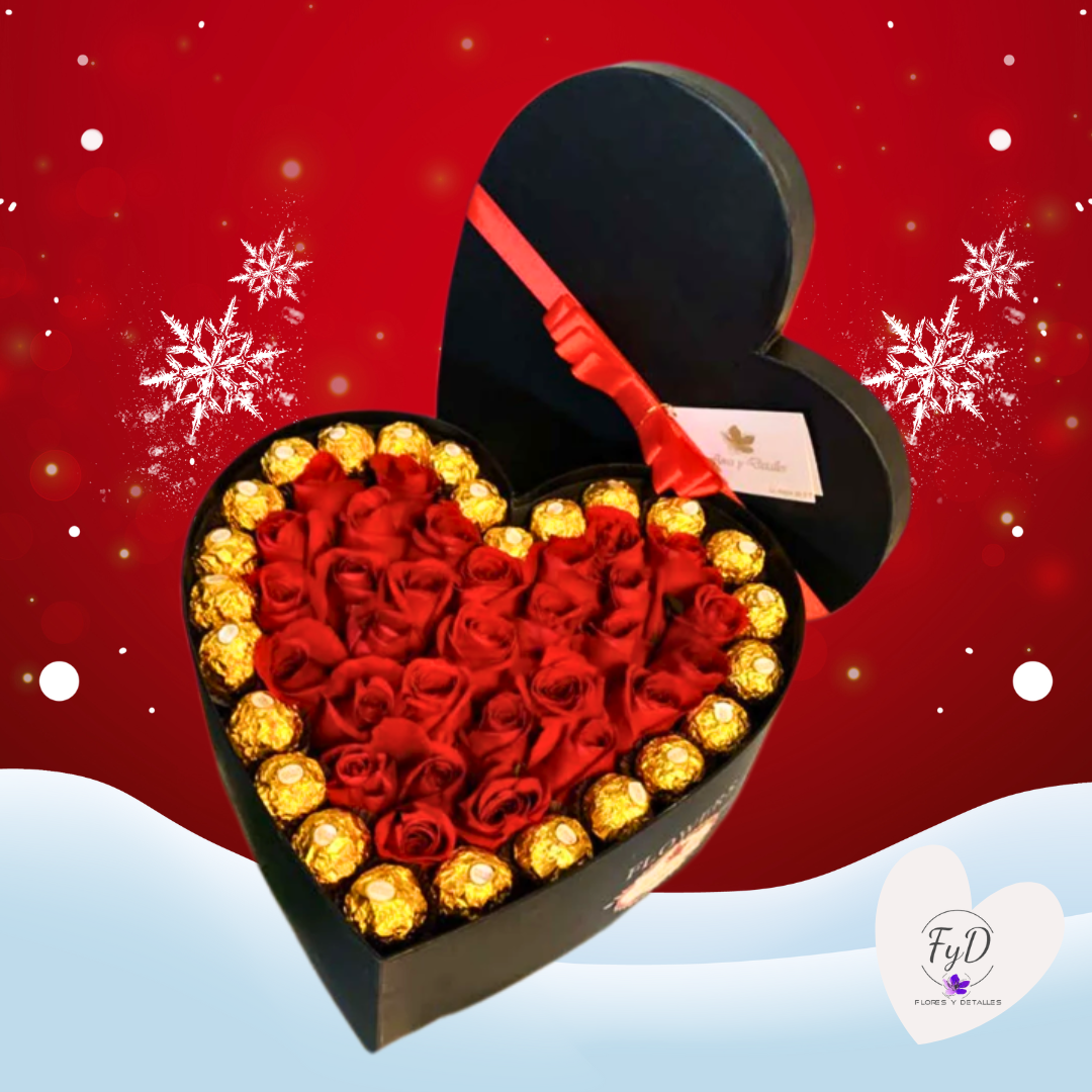 Corazon sorpresa con 30 rosas y 25 chocolates