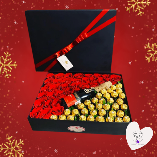 Caja diagonal mitad chocolate mitad rosas y botella