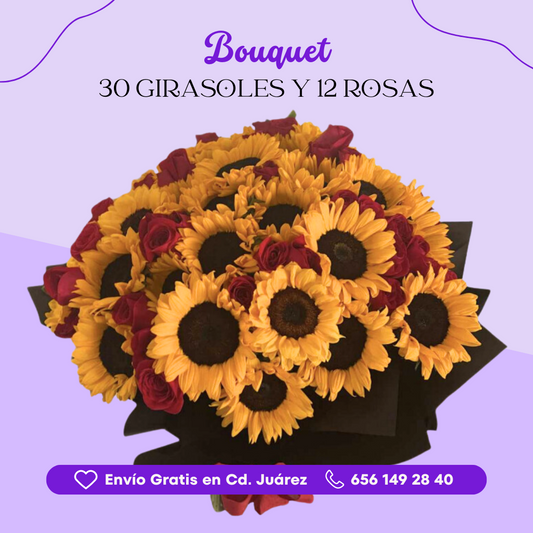 Bouquet 30 Girasoles y 50 Rosas