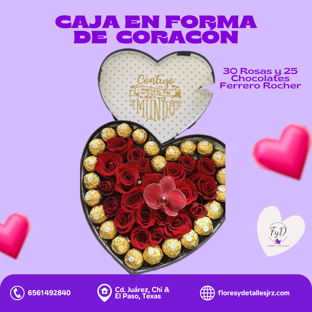 Caja en forma de corazón  con 30 rosas y 25 chocolates Ferrero Rocher