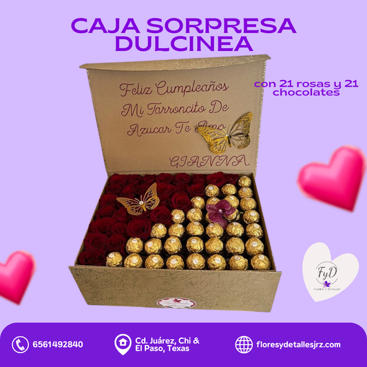 Caja sorpresa "Dulcinea" con 21 rosas y 21 chocolates