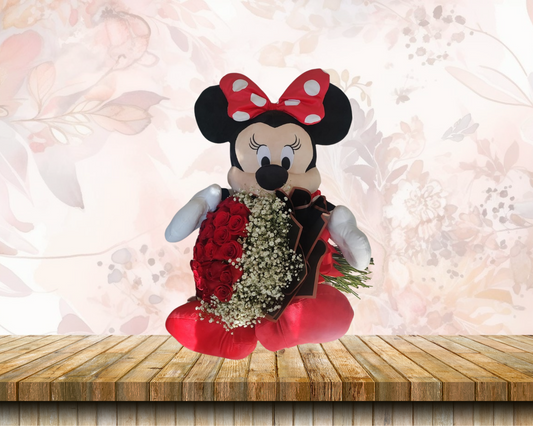 Bouquet con 50 rosas + oso de peluche Mickey Mouse
