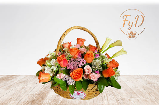 Canasta de Rosas con calla lilies