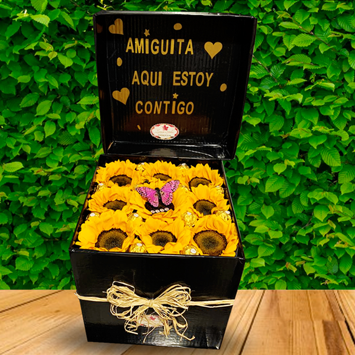 Caja sorpresa con 9 girasoles y 12 chocolates Ferrero Rocher