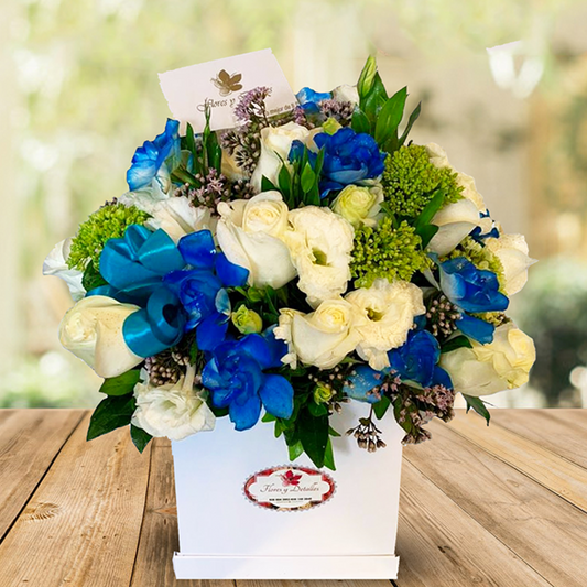 Cilindro primaveral con 10 tulipanes, rosas, mini rosas y hortensias