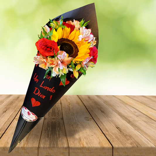 Cono negro con 1 girasol y 4 rosas