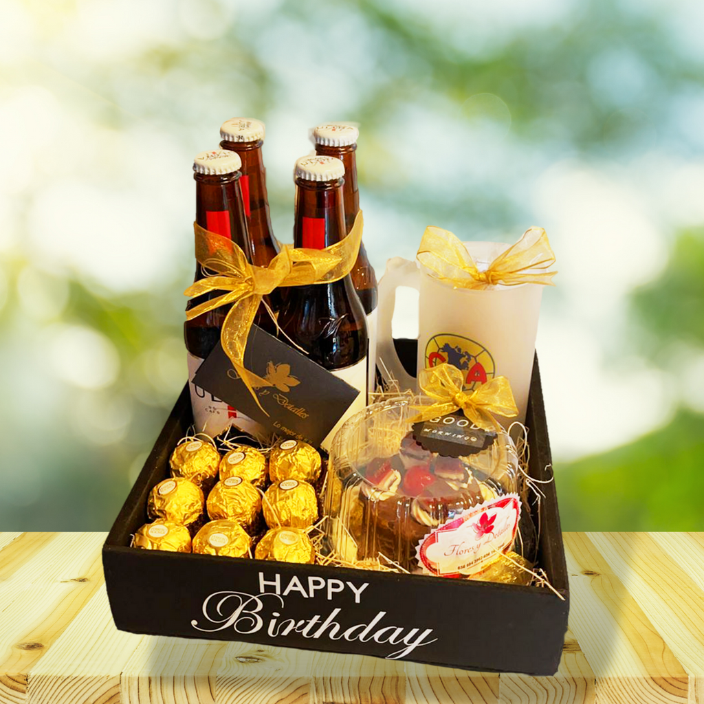 Caja con 4 bebidas adicionales, tarro con bolsa de cacahuate( no incluye el grabado ), pastelito y 9 chocolates Ferrero